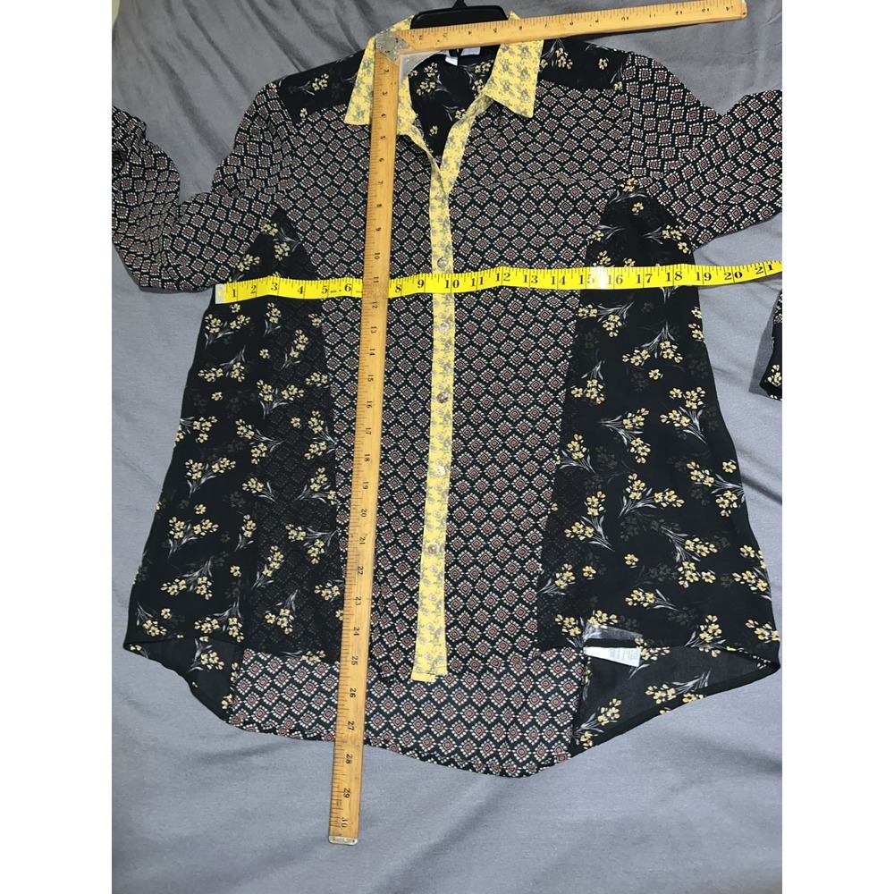 DR2 Womens Small Mixed Print Button Up Blouse Black Yellow Floral Geometric Top - Picture 6 of 10
